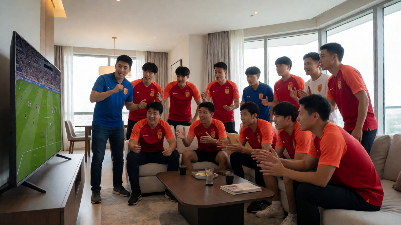 球迷聚在屏幕前一起观看比赛并交流讨论